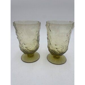 Set Of 2 Vintage Textured Morgantown Crinkle Green Yellow Glass Goblets/Footed T